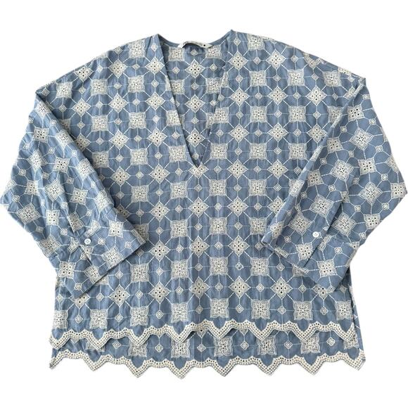 Zara Floral Embroidered Top Retro V-Neck Long-Sleeved high low top cotton small - Picture 4 of 16